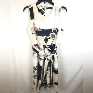 Natori Amaryllis Jacquard Pleated Skirt Belted Midi Cream/Black Dress Sz 6